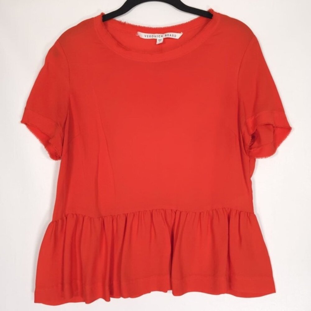 VERONICA‎ BEARD 100% SILK Peplum Top Short Sleeve Tee Orange S172-SGG4370 Size 6